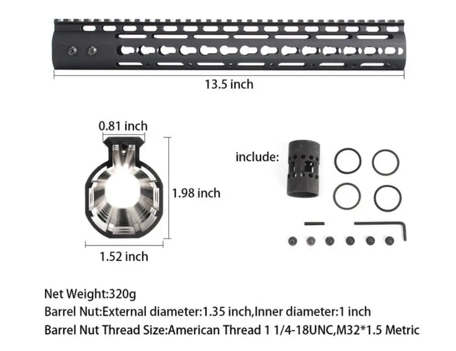 13.5 inch Black AR15 свободный поплавок тонкий стиль " 9" 1" 12" 13," 15" Keymod ствольная накладка Пикатинни рельс с стальная муфта ствола для крепления прицела - Цвет: 13.5 inch Black