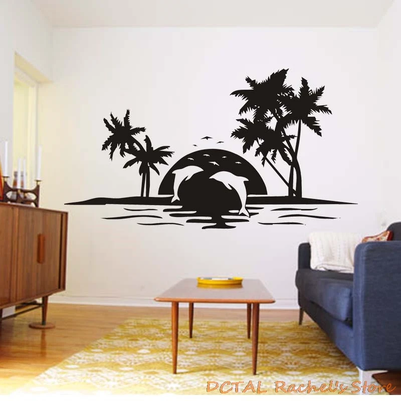 Тропический остров курорт морская сторона наклейка пальма Чайка дельфин силуэты