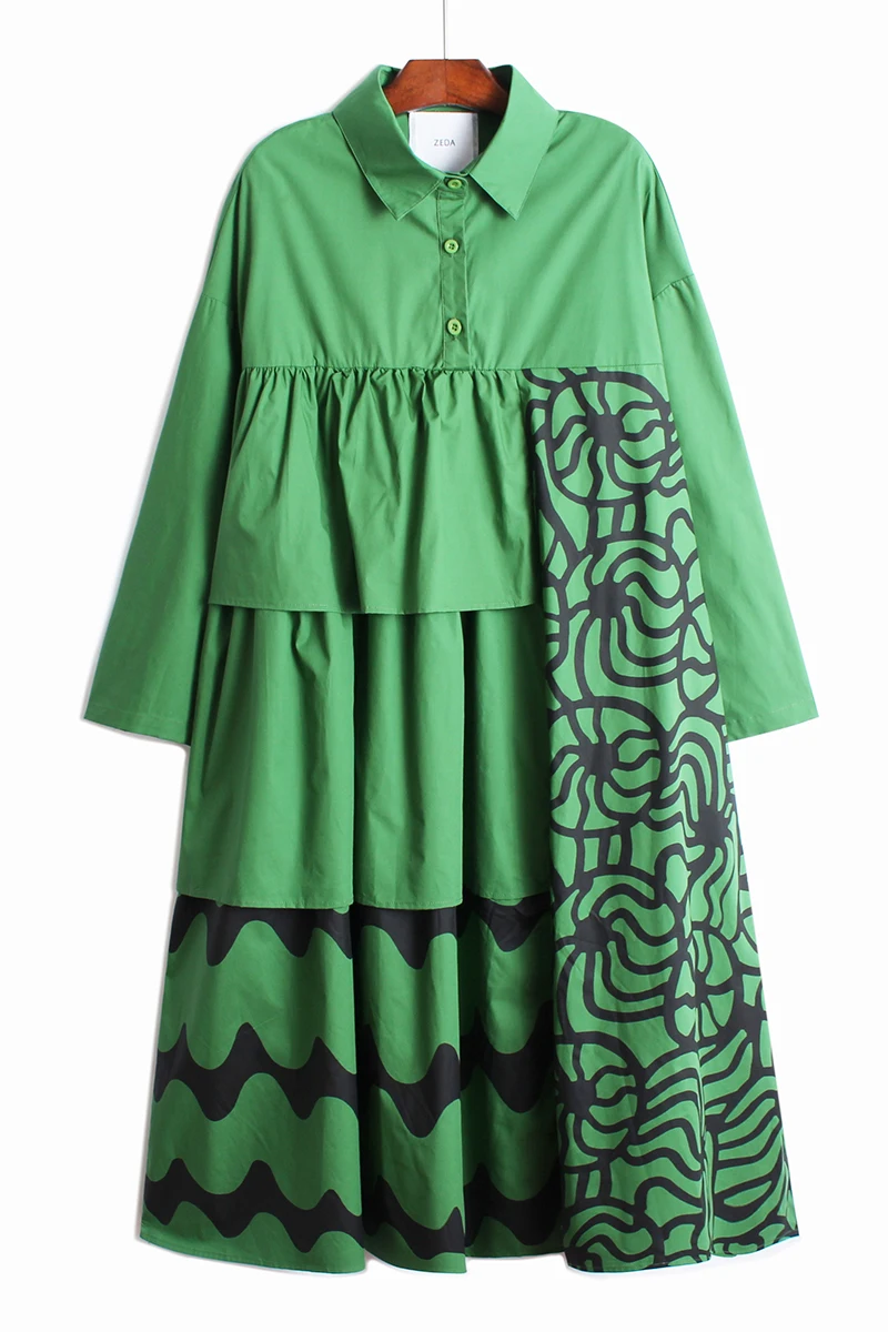 

Asymmetric Printed Turn Down Collar Shirt Loose Plus Size 2021 Spring New Style Woman Dress