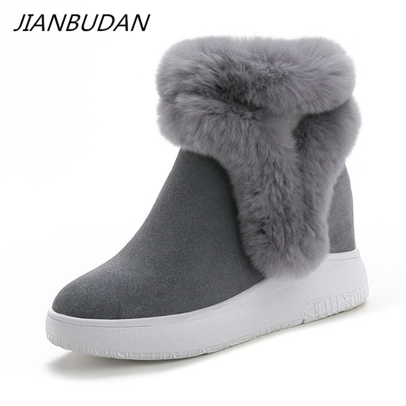 

Зимние ботинки JIANBUDAN с мехом, замша из коровьей кожи, теплые женские плюшевые ботинки, увеличивающие рост, модные меховые ботильоны на молни...