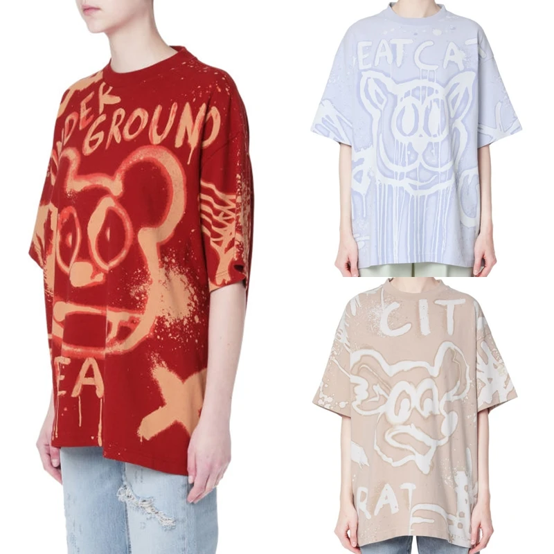 

Animal Letters Graffiti Print Unisex T-Shirt 2021 Summer New Women and Men Cotton Loose O-Neck Short Sleeve Tee