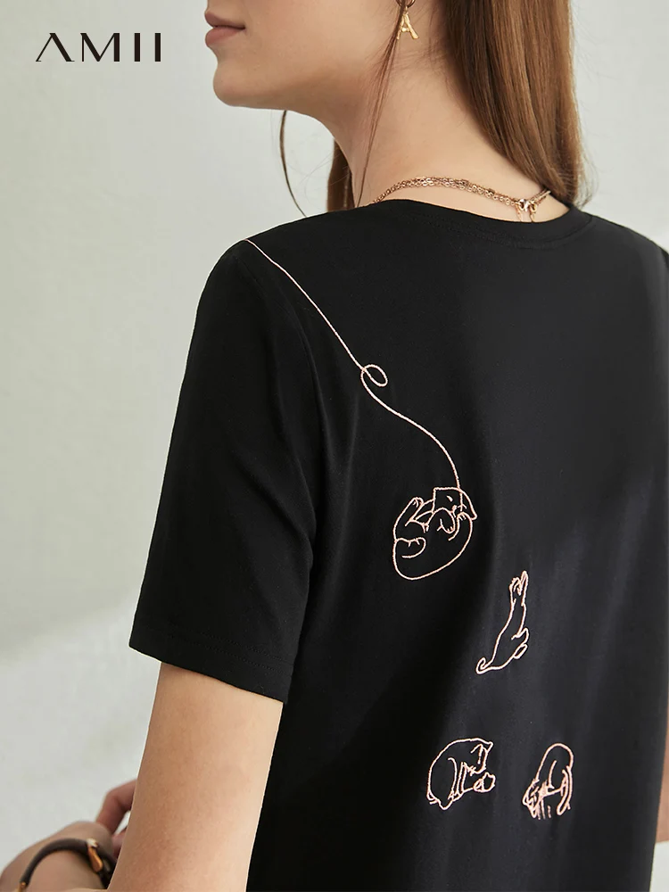 AMII минимализм весна-лето повседневная женская футболка с вышивкой хлопковая