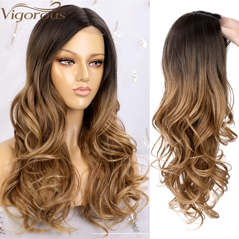 Энергичные длинные волосы Омбре коричневый парик Волнистые Синтетические