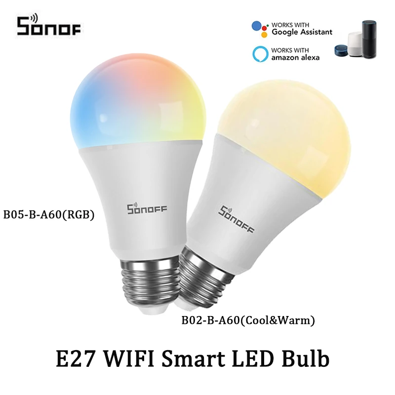 

Умная Светодиодная лампа SONOFF с Wi-Fi, E27, RGB-лампа с регулируемой яркостью, Голосовое управление, управление через приложение EWeLink, умный дом, ра...