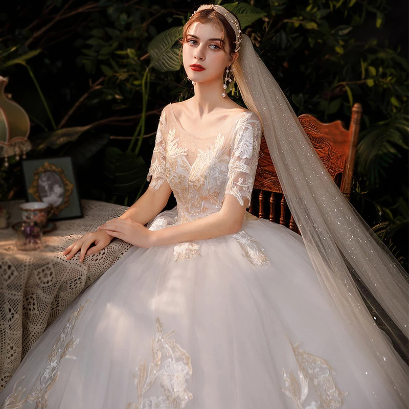 

Новое свадебное платье невесты, простое и Милое Свадебное платье с вышивкой, Сетчатое кружевное тонкое свадебное платье с открытой спиной и завязкой