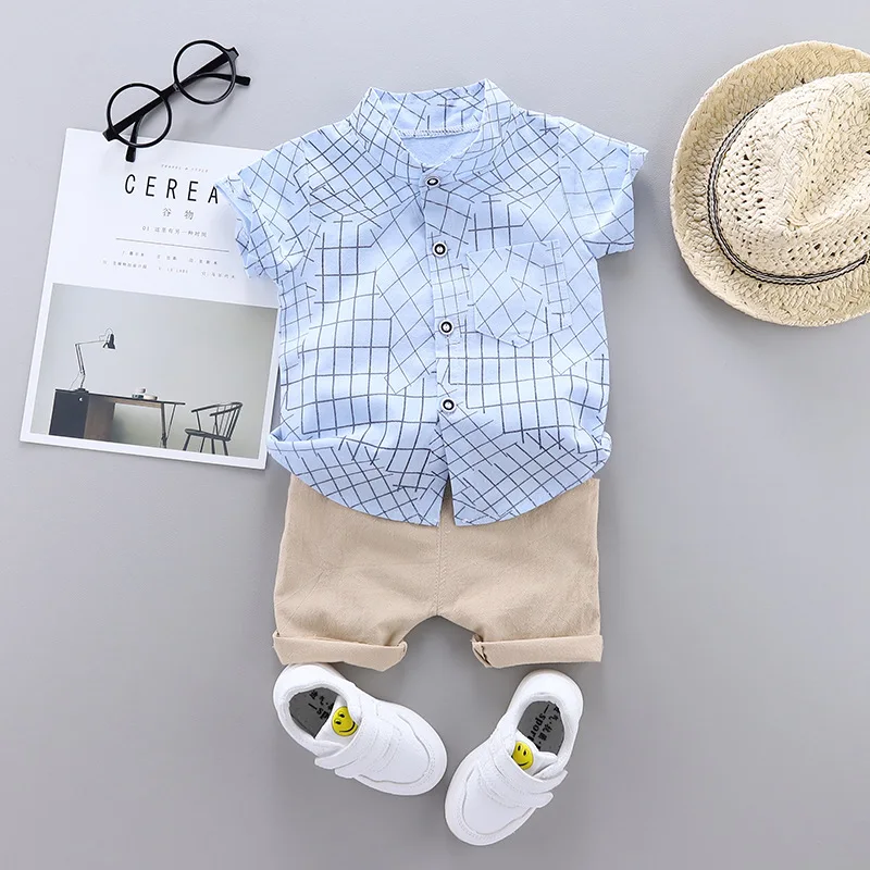 New baby clothes summer cotton short-sleeved shorts two-piece boy striped plaid print shirt casual suit |