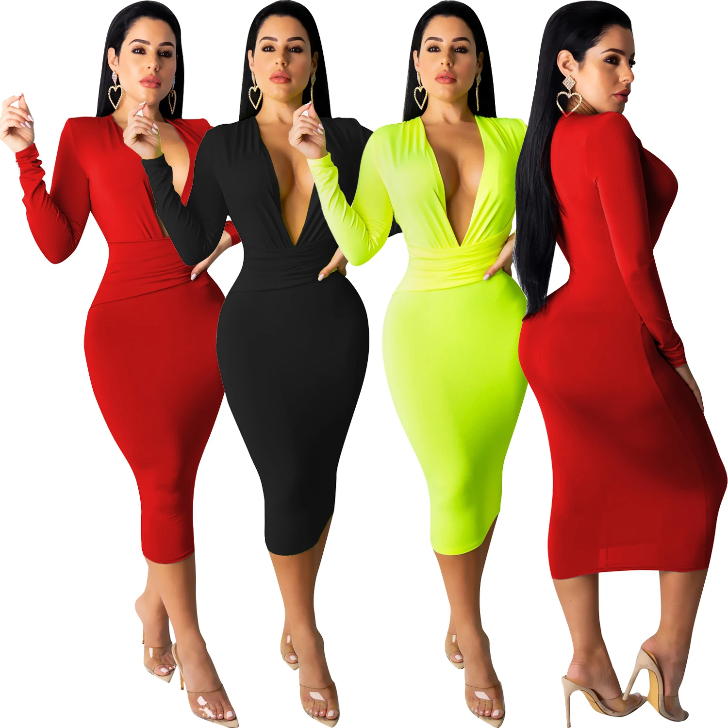 

Solid Color Sexy Deep V Neck A Line Skirt Ladies Long Sleeve Dress