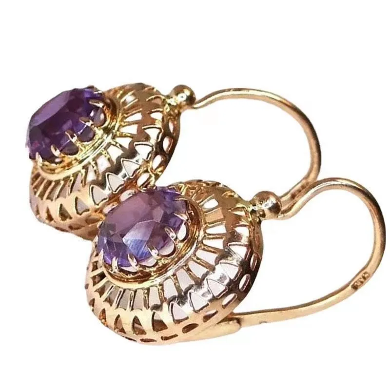 

Trendy Ladies Gold Color Round Hollow Out Yurt Shaped Purple Crystal Dangle Earrings for Women Female Party Jewelry