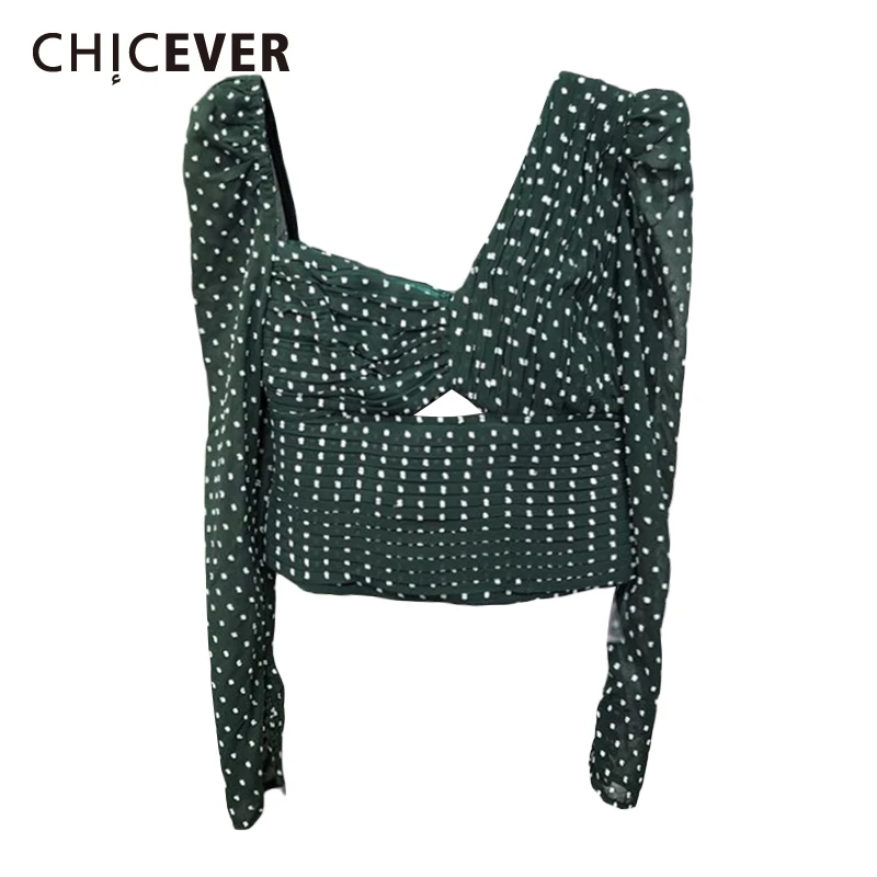 

CHICEVER Slim Dot T Shirt For Women Asymmetrical Long Sleeve Hollow Out Vintage Drawstring Ruched T Shirts Female Fashion Autumn