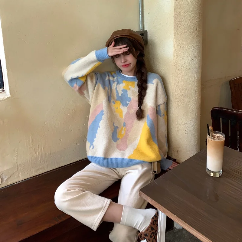 

Women Knitted Cute Fashion Loose Sweater Spring Autumn V-Neck Lantern Sleeve Embroidery Floral Harajuku Female Cardigan A28G