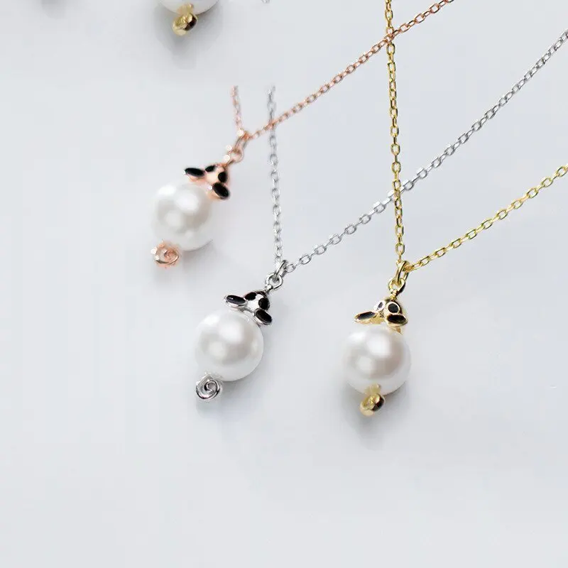 

A00786 Stunning 925 Sterling SilverJewelry Luxury Cute Mouse Pave Pearl Pendant Clavicle Choker Charm Necklace for Women