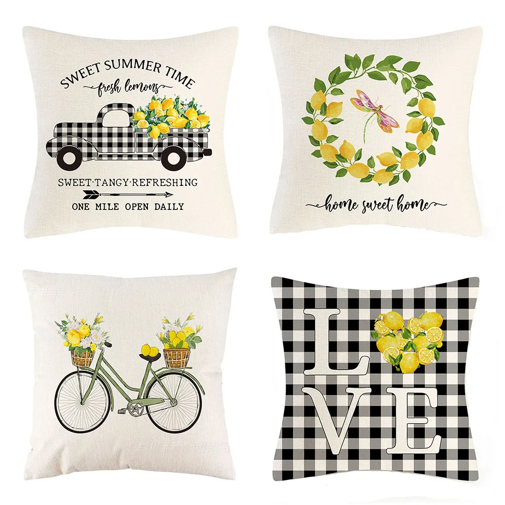 

Lemon Pillow Covers Summer Decorations Throw Pillow Case Buffalo Plaid Farmhouse Pillowcase Linen Cushion for Couch Home Decor