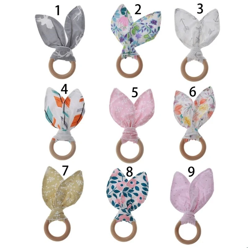 

Baby Boy Girl Bunny Ear Teether Safe Organic Wood Teething Ring Toys Various Color Choice Shower Gift