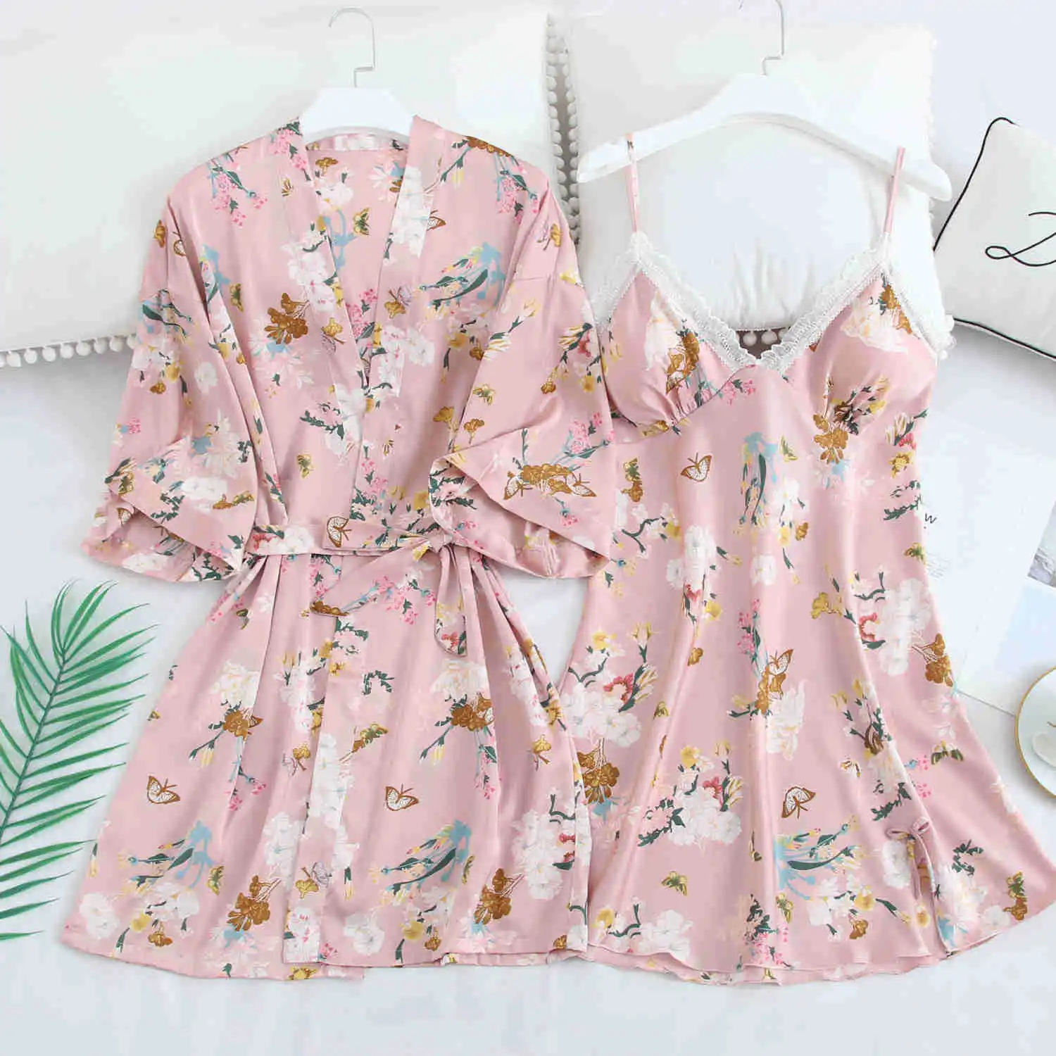 

Summer sexy thin pajamas women's nightgown two-piece set with chest pad suspender skirt silk robes for women sleep wear