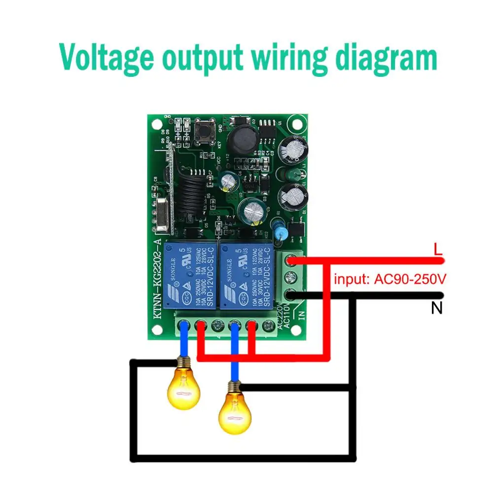 

433Mhz AC 90V 110v 220V 2CH relay receiver for household light bulb combination, garage door, anti-theft alarm button, with RF