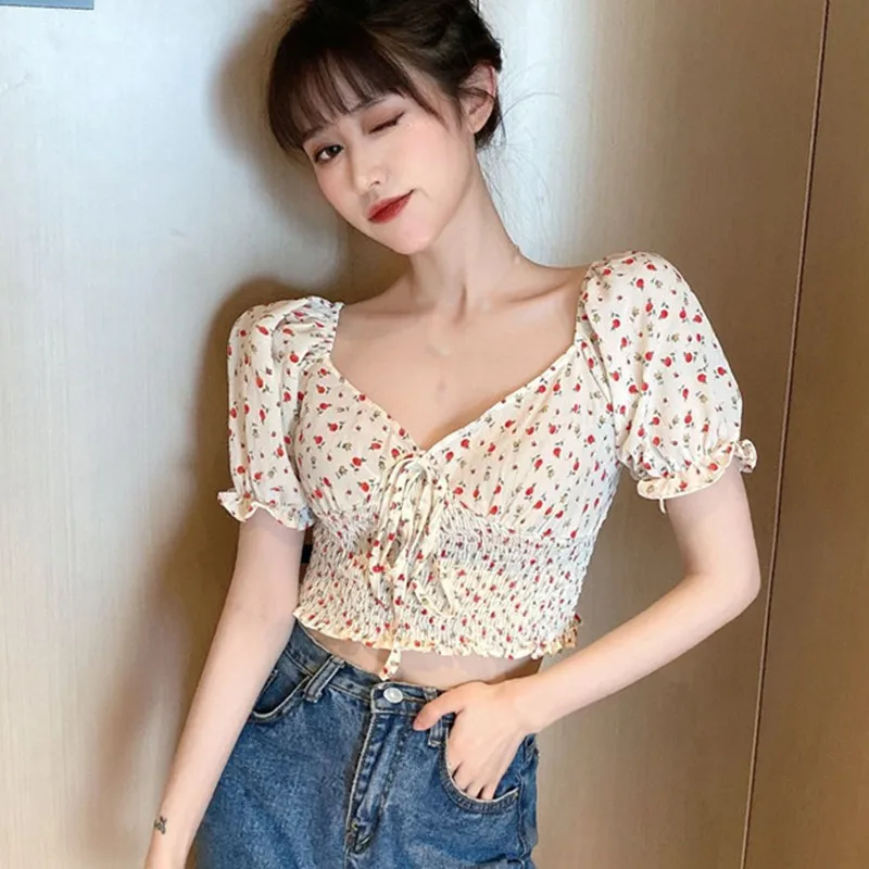 

Sexy Summer Sweet Women Shirt Fashion Bandage Floral Print V Neck Off Shoulder Short Shirt Women Blouses Short Tops For Girl