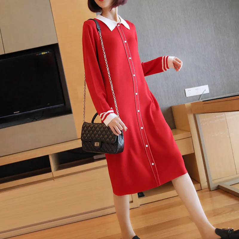 

Fashion doll collar knit long-sleeved dress 2019 autumn and winter new Women Korean women's autumn sweater dress