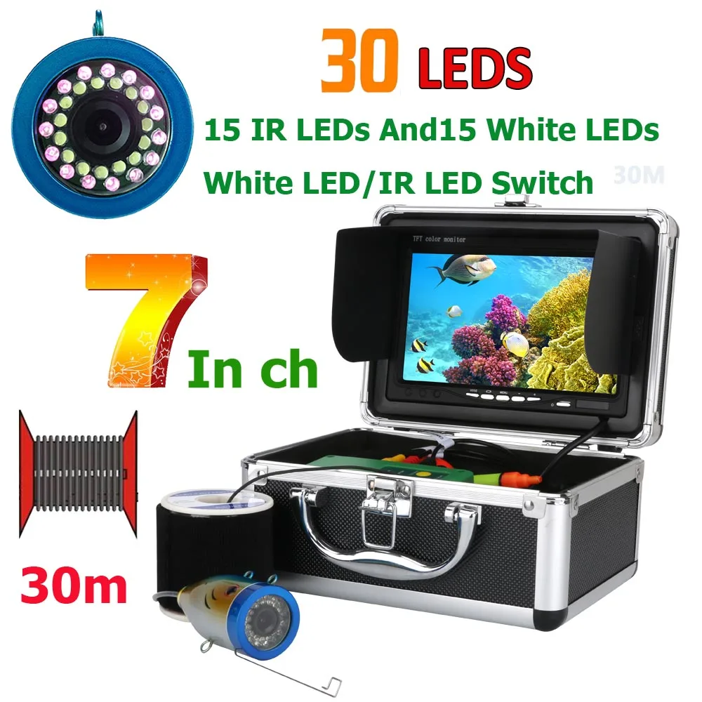 

Underwater Fishing Camera 7 Inch 15M 30M 50M 1000TVL Fish Finder 15pcs White LEDs + 15pcs Infrared Lamp for Ice/Sea