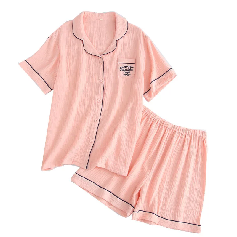 Summer Pajamas Set Women Pure Cotton Short Sleeved Sleepwear with Shorts Crepe Soft Thin Pure Color Simple Ladies Loose Homewear