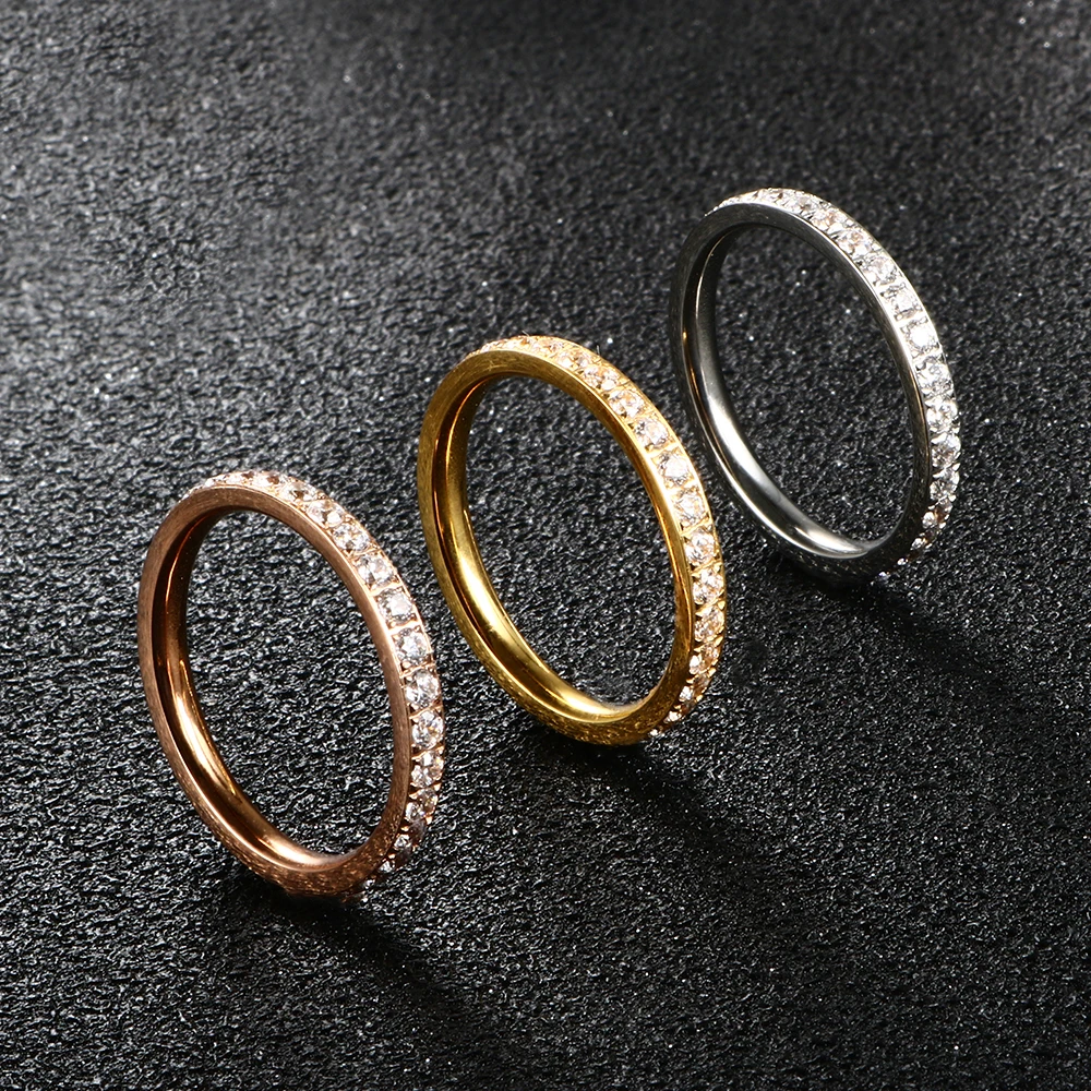 

Stainless Steel Simple CNC Full Zircon Stone Thin Tail Rings Gold Plated Minimalist Charm Rings For Women Jewelry Gift