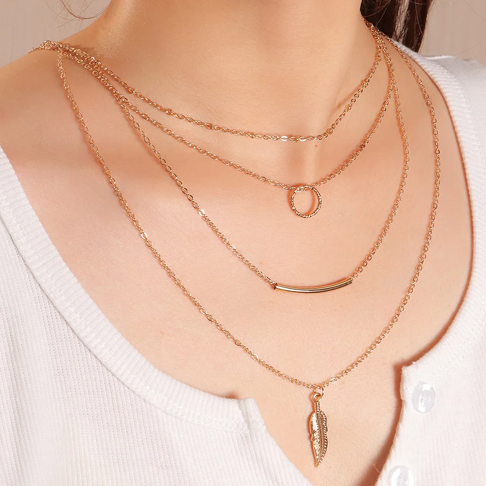 

Simple And Personalized Golden Alloy Leaf Ring Pendant Women's Four-Layer Clavicle Chain Neck Decoration Jewelry Accessory Gifts