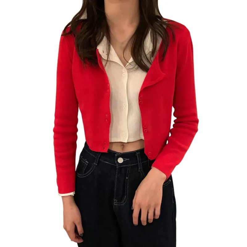 

Women's Knitted Cardigan Thin Versatile Short Sweaters Long-Sleeved Bottoming Sweater Top Solid Color Free Size