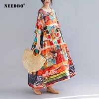 needbo women dress big size casual print sundress long dress women elegant loose vestidos holiday maxi dress plus size boho