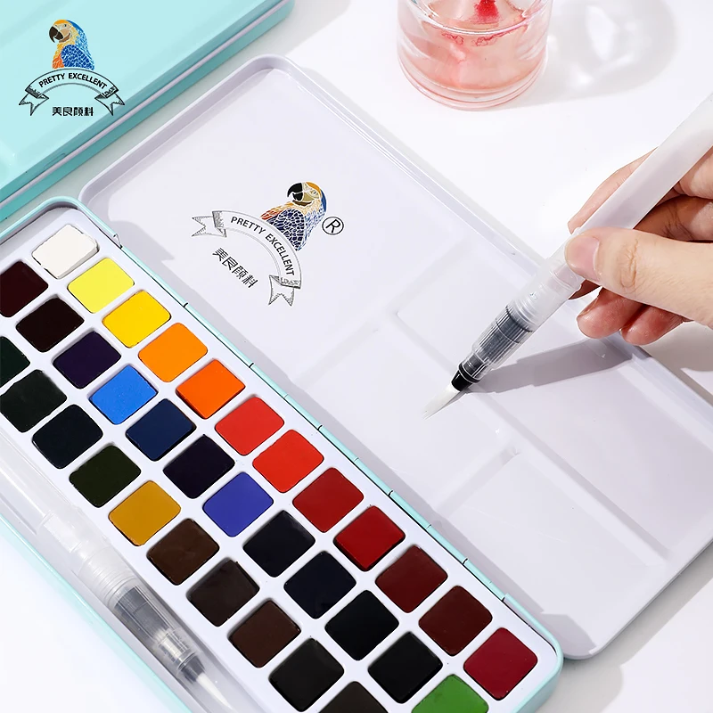 

24/36 Colors Solid Watercolor Paint Set Portable Metal Case with Palette and Art Paint Brushes Paul Rubens Watercolor