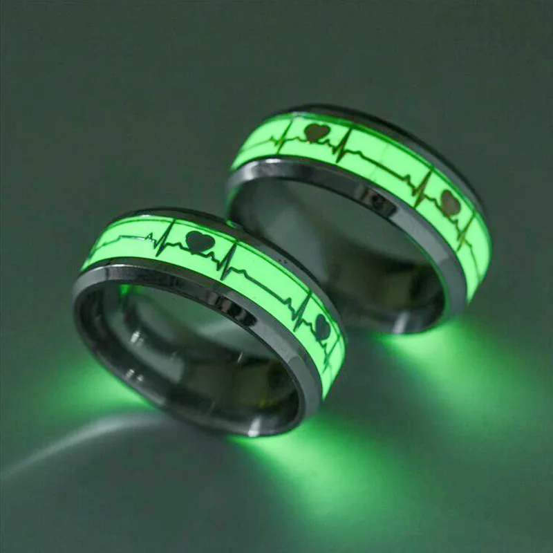 AsJerlya Stainless Steel Luminous Finger Ring For Women Men Glowing In Dark Heart Couple Wedding Bands Jewelry Gift Accessories