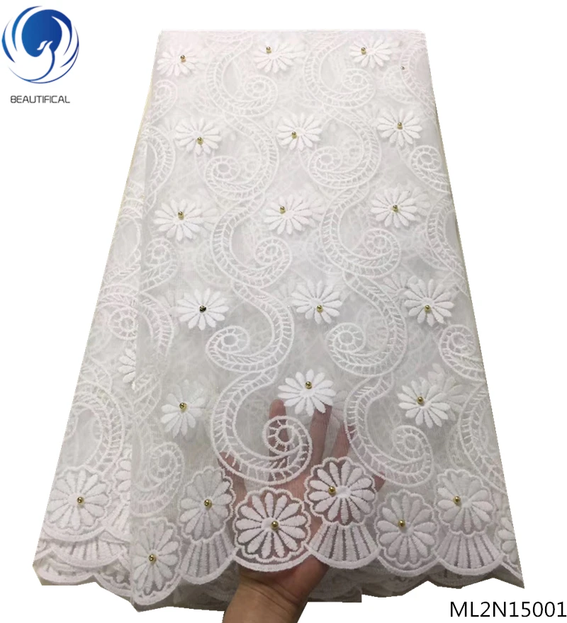 Красивая сетчатая кружевная ткань французская Тюлевая с бусинами белая