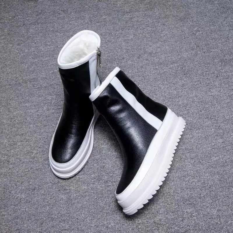 

Leather plush snow boots female sponge cake thick bottom boots winter skid plus velvet warm cotton shoes