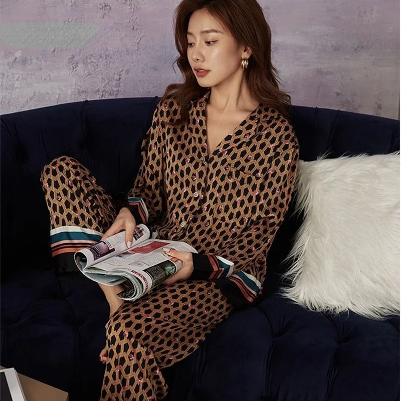 

Women's Pajamas Set Luxury Instagram Style Fashion Stripes Sleepwear Silk Like Nightgown Leisure Home Clothes Nightwear
