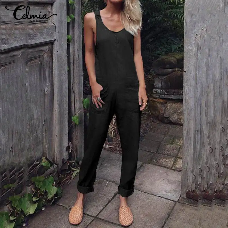 Женские винтажные однотонные комбинезоны без рукавов модные летние длинные