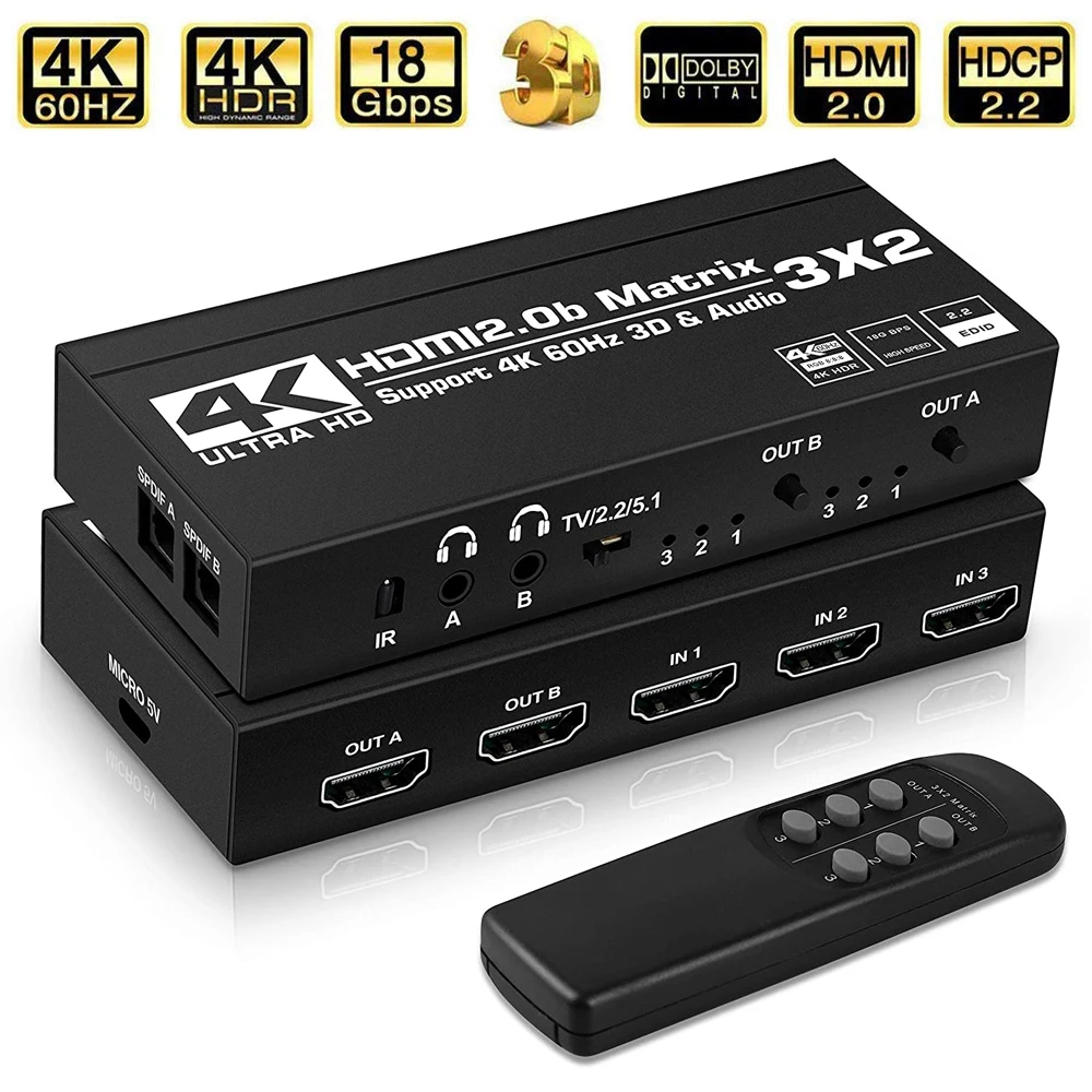 

2022 3x2 Matrix Switch Splitter with SPDIF and L/R 3.5mm HDR HDMI-compatible Switch 4x2 Support HDCP 2.2 ARC 3D 4K@60Hz for PS5