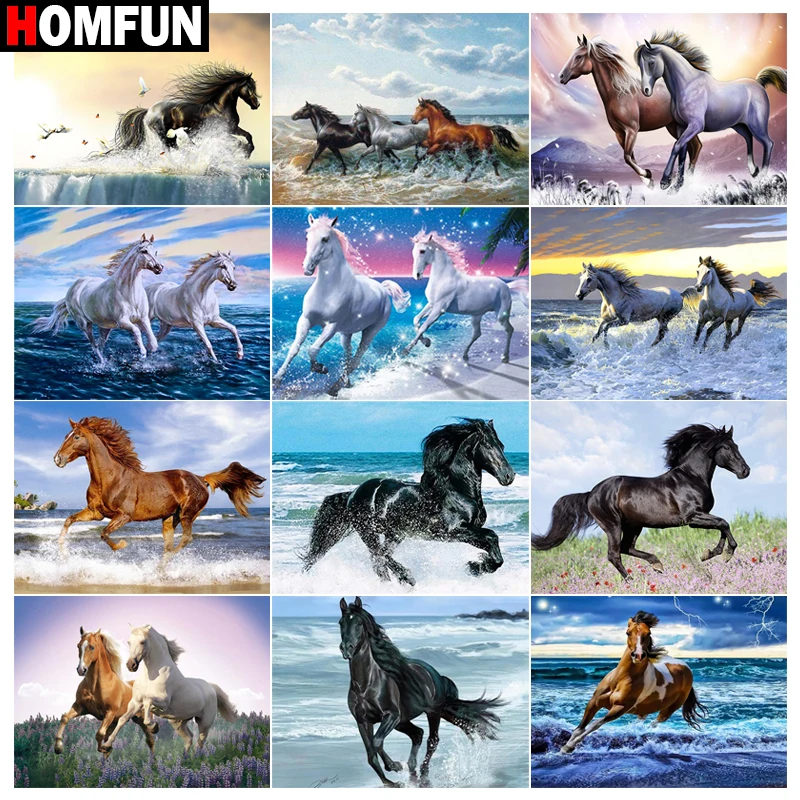

HOMFUN Paint With Diamond Embroidery "Horse ocean"Diamond Painting Full Square Round Picture Of Rhinestone Decor