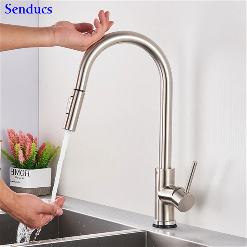 A-brushed-touch Сенсорный кухонный кран, Senducs, черный, выдвижной кухонный кран, качественный, из нержавеющей стали, сенсорный кухонный кран, датчик, вытяжной водопроводный кран - Цвет: A-brushed-touch
