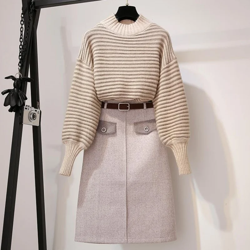 Модный осенне-зимний вязаный комплект из двух предметов Женская юбка с