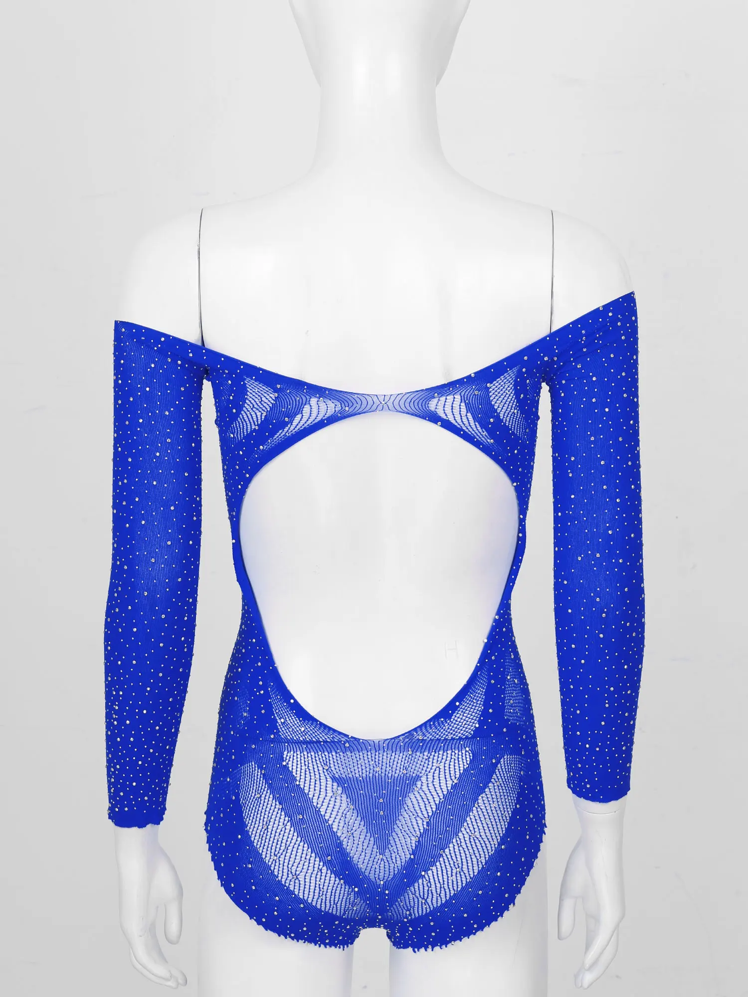 

Womens Shiny Rhinestone See-through Mesh Bodysuit One-piece Off Shoulder Long Sleeve Leotard Costume