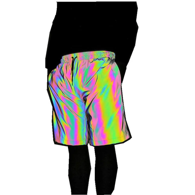 

Dazzle colour reflective shorts man new ins rainbow color reflective 5 minutes of pants loose big yards