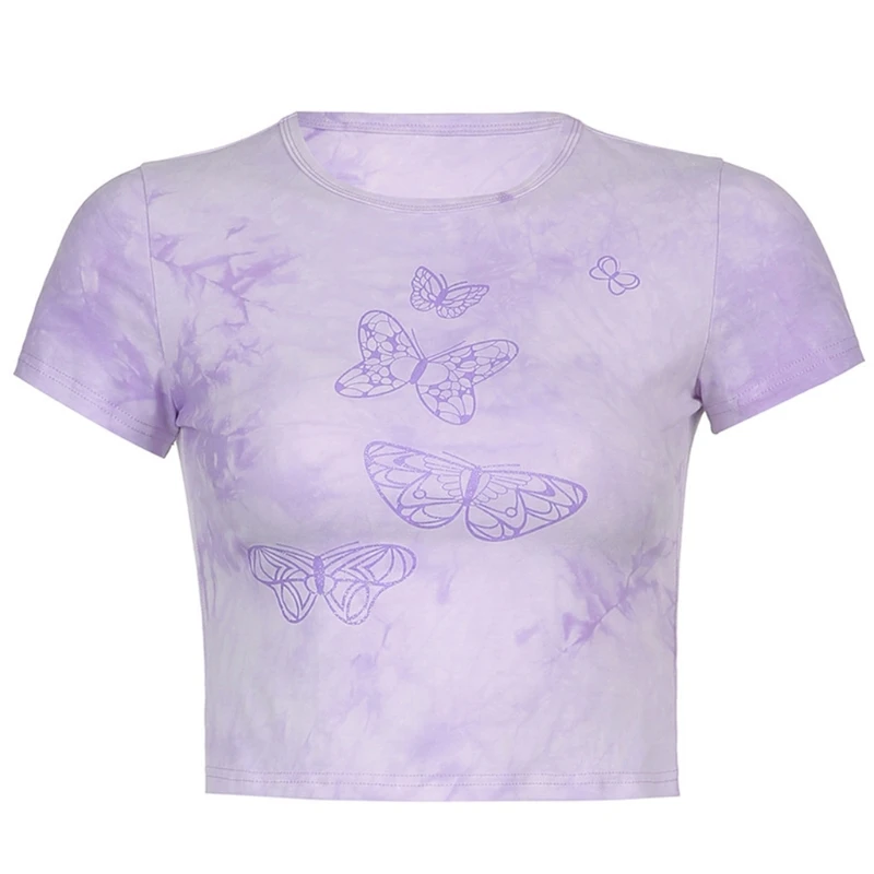 

Women Short Sleeve O-Neck T-Shirt Harajuku Gradient Butterfly Printed Crop Top