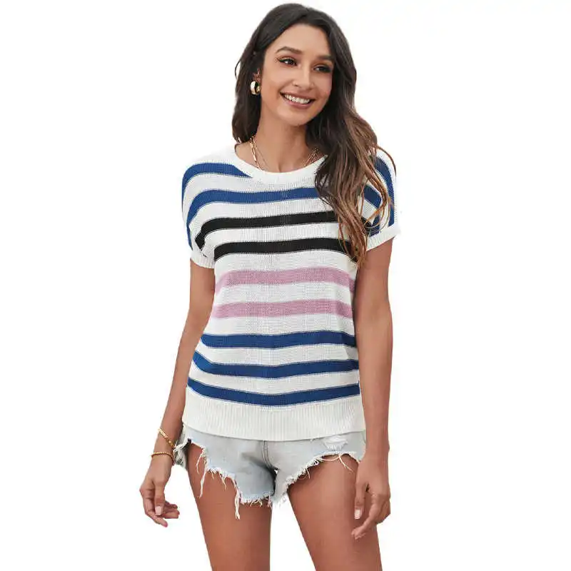 

2021 Summer Stripe Knitted Short Sleeve Shirt Women Shirts Top T-shirt Harajuku Vintage Korean Couple Clothes Gothic Bohemian