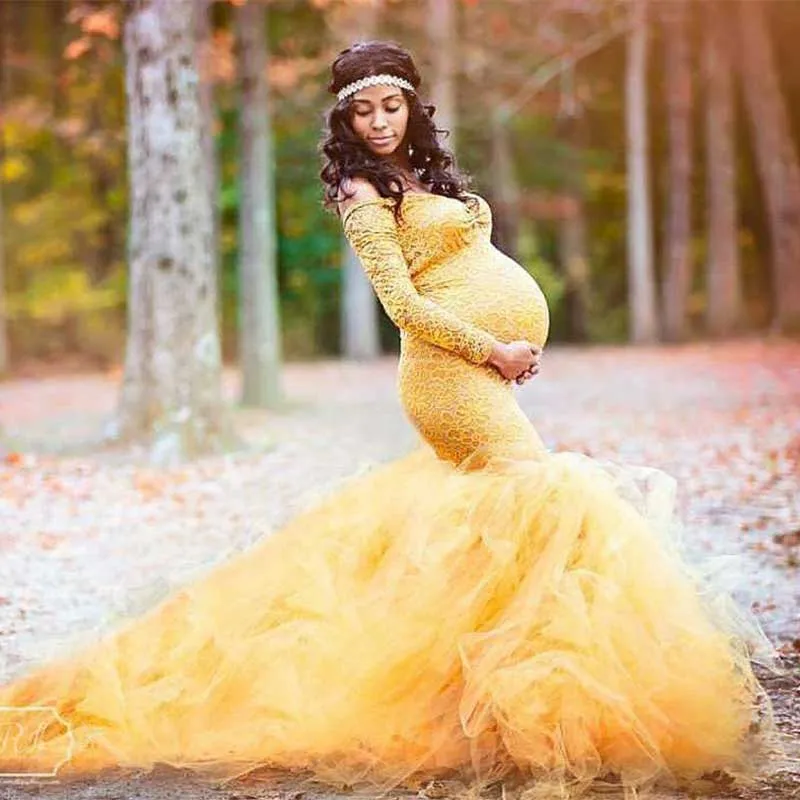 

2021 new lace dress long-sleeved pregnant women fluttering tail dress photography maternity dress wedding dress evening dress