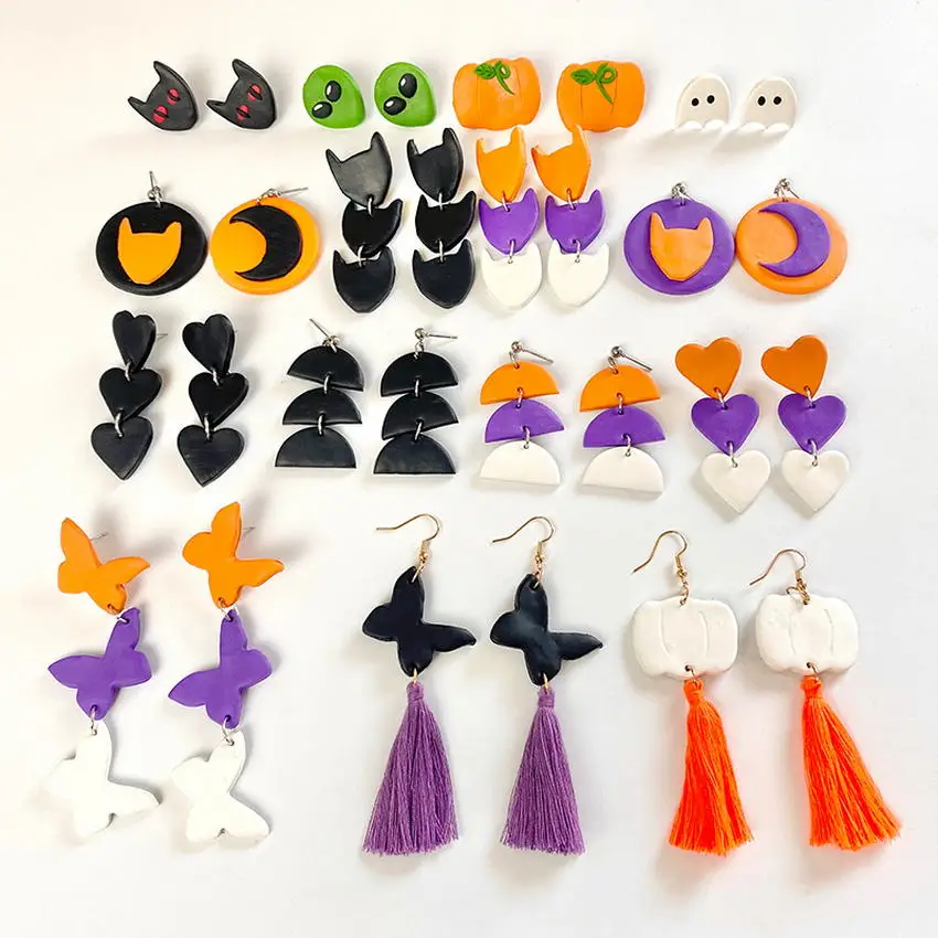 

2021 Creative Polymer Clay Halloween Earrings for Women Handmade Ghost Bat Pumpkin Moon All Hallows' Day Jewelry Gifts Wholesale