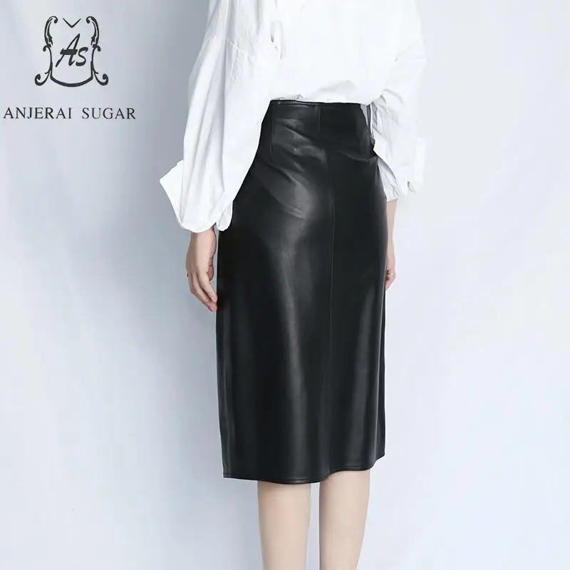 Женские осенние юбки из натуральной кожи черные асимметричные с высокой талией и
