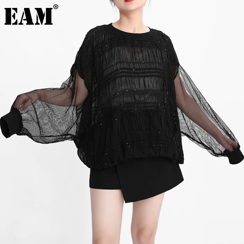 

[EAM] Loose Fit Black Hollow Out Mesh Sweatshirt New Round Neck Long Sleeve Women Big Size Fashion Spring Autumn 2021 1DE274501