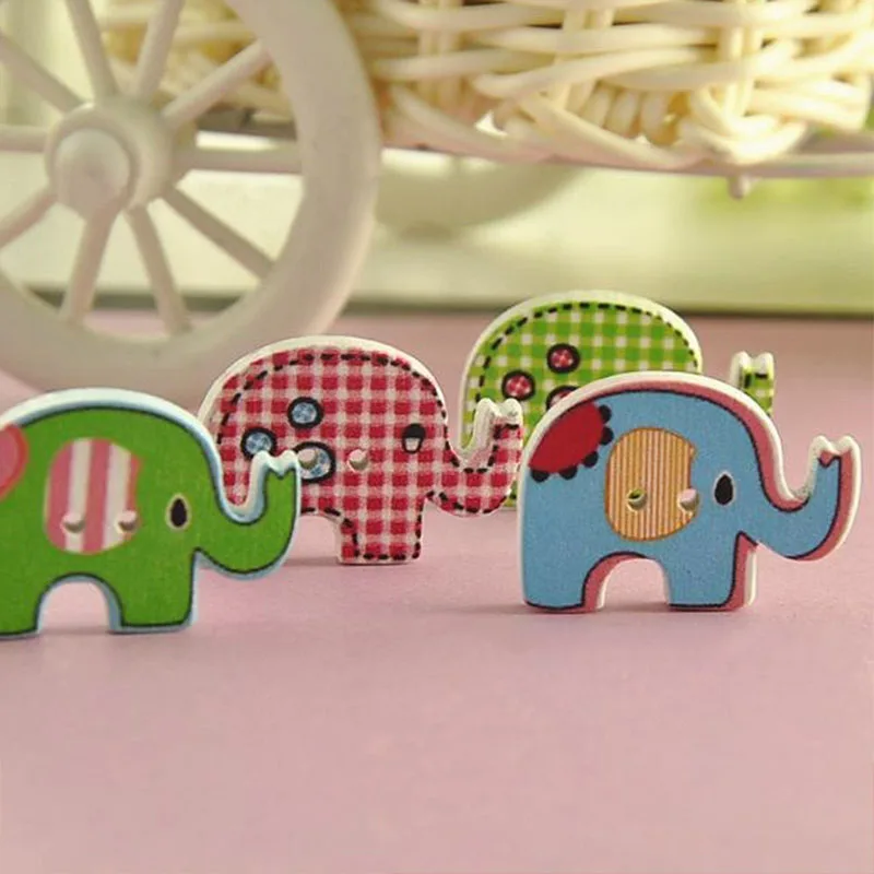 

50Pcs Cartoon Sewing Button Wooden 2 Holes Animal Buttons Mixed Colors Elephant Shaped Scrapbooking DIY Crafts 20*29mm