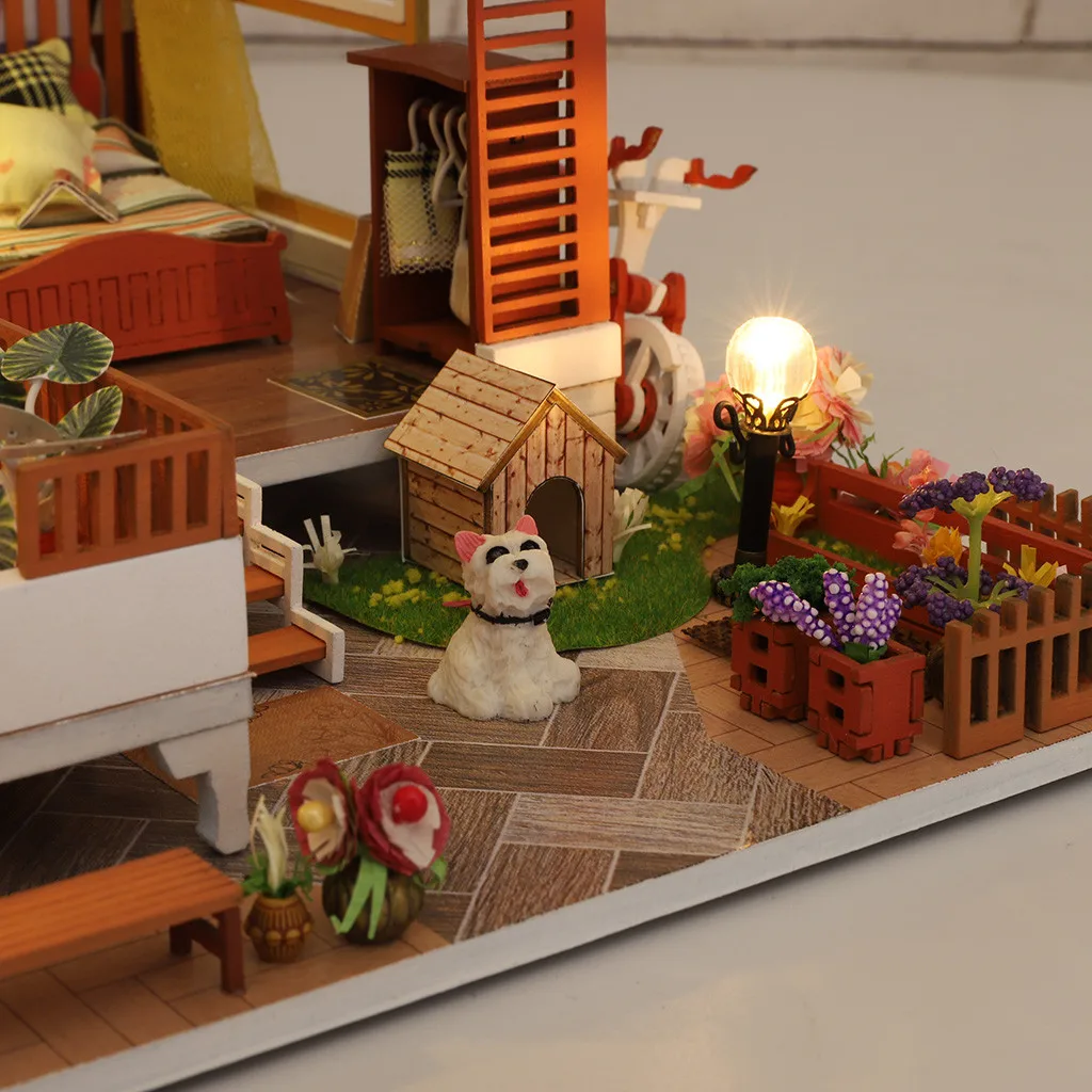 

Learning Education Toys DIY Miniature House Furniture For Children 3D Wooden Miniature Furniture LED House Creative Gifts Y1210
