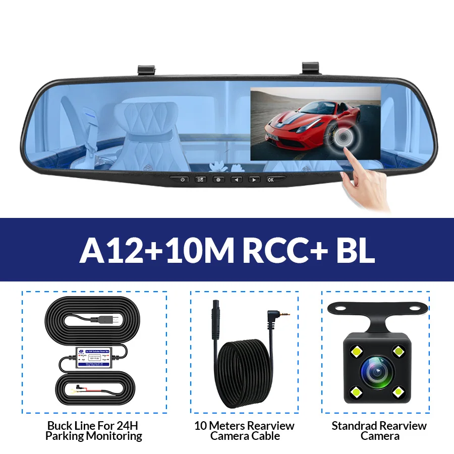 E-ACE Full HD 1080P Автомобильный видеорегистратор Камера авто 4,3 дюймов Сенсорное зеркало заднего вида цифровой видеорегистратор двойной объектив регистрационная камера - Название цвета: A12-10M RCC-BL