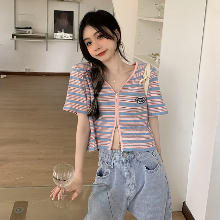 Женская летняя футболка в полоску кардиган на молнии с коротким рукавом короткий