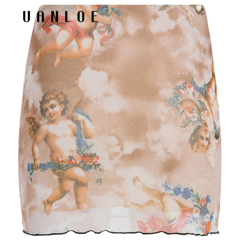 Сексуальная мини юбка с высокой талией женские юбки карандаш принтом ангела